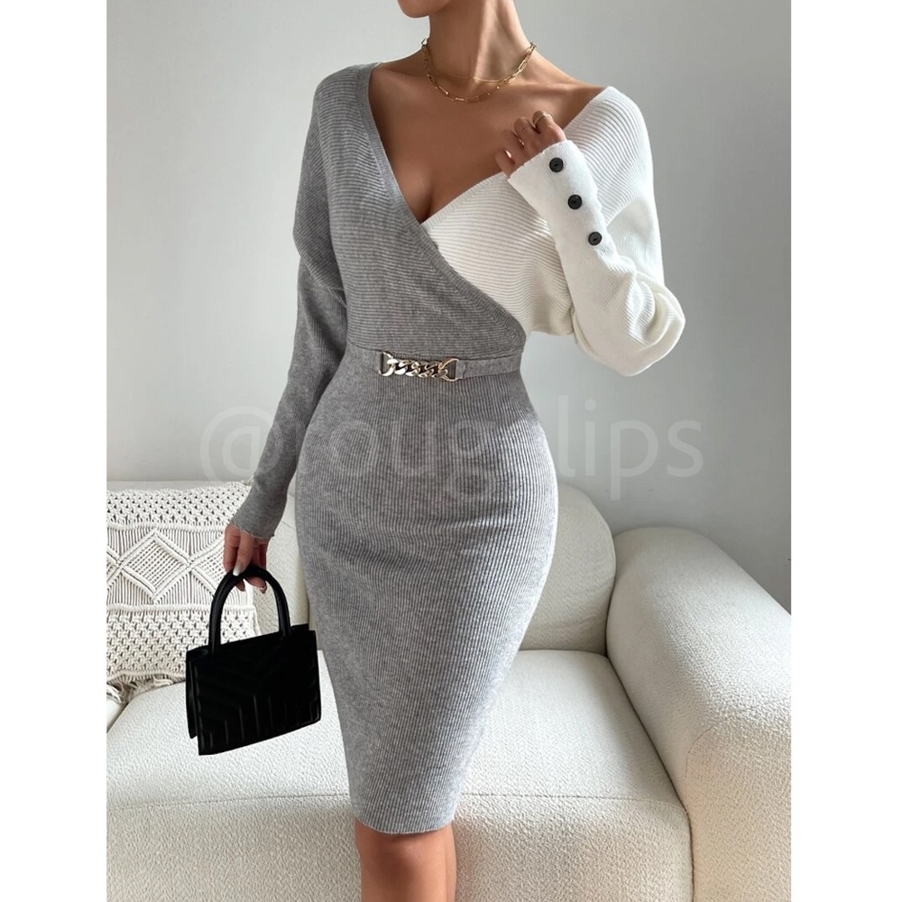 2 Tone Rib Knit Dress Long Sleeve V Neck & Back Knee Length Grey White NWT